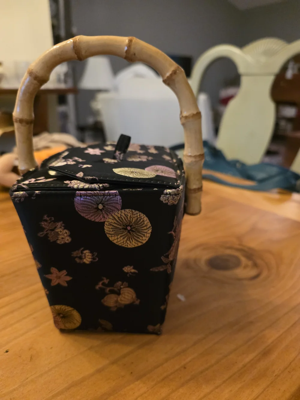 Black Floral Satchel with Bamboo Handle